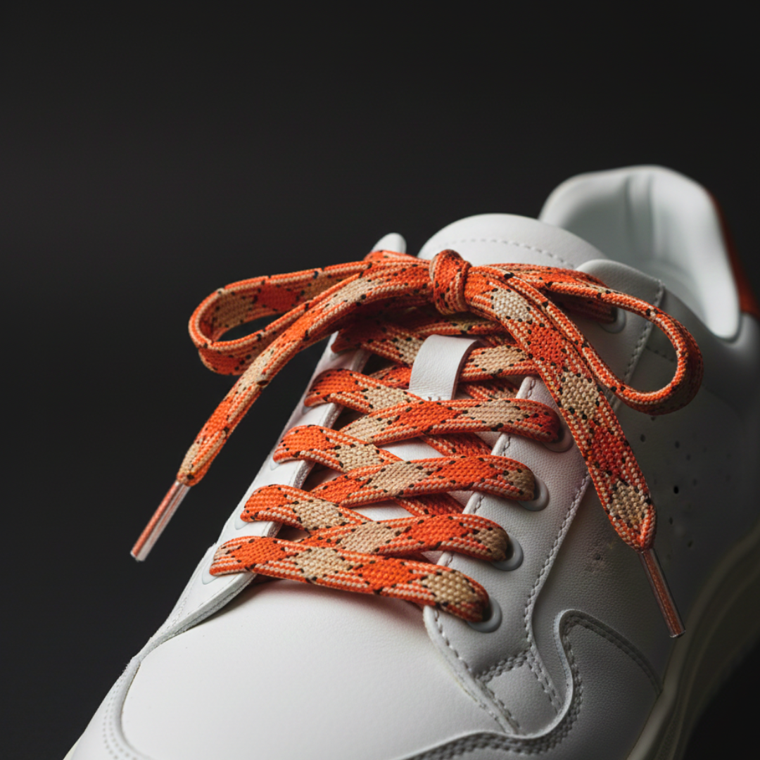 White sneaker with orange and brown patterned laces on a black background