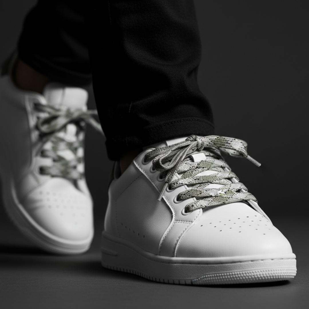 Ghost Diesel Flat Laces (Olive & Light Grey Plaid) – Premium Patterned Sneaker Laces with Metal Tips by KNOTTY