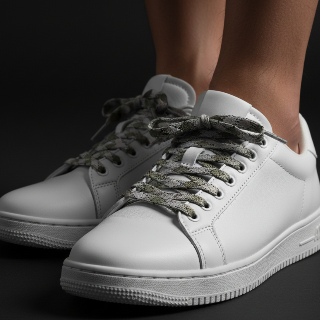 Ghost Diesel Flat Laces (Olive & Light Grey Plaid) – Premium Patterned Sneaker Laces with Metal Tips by KNOTTY