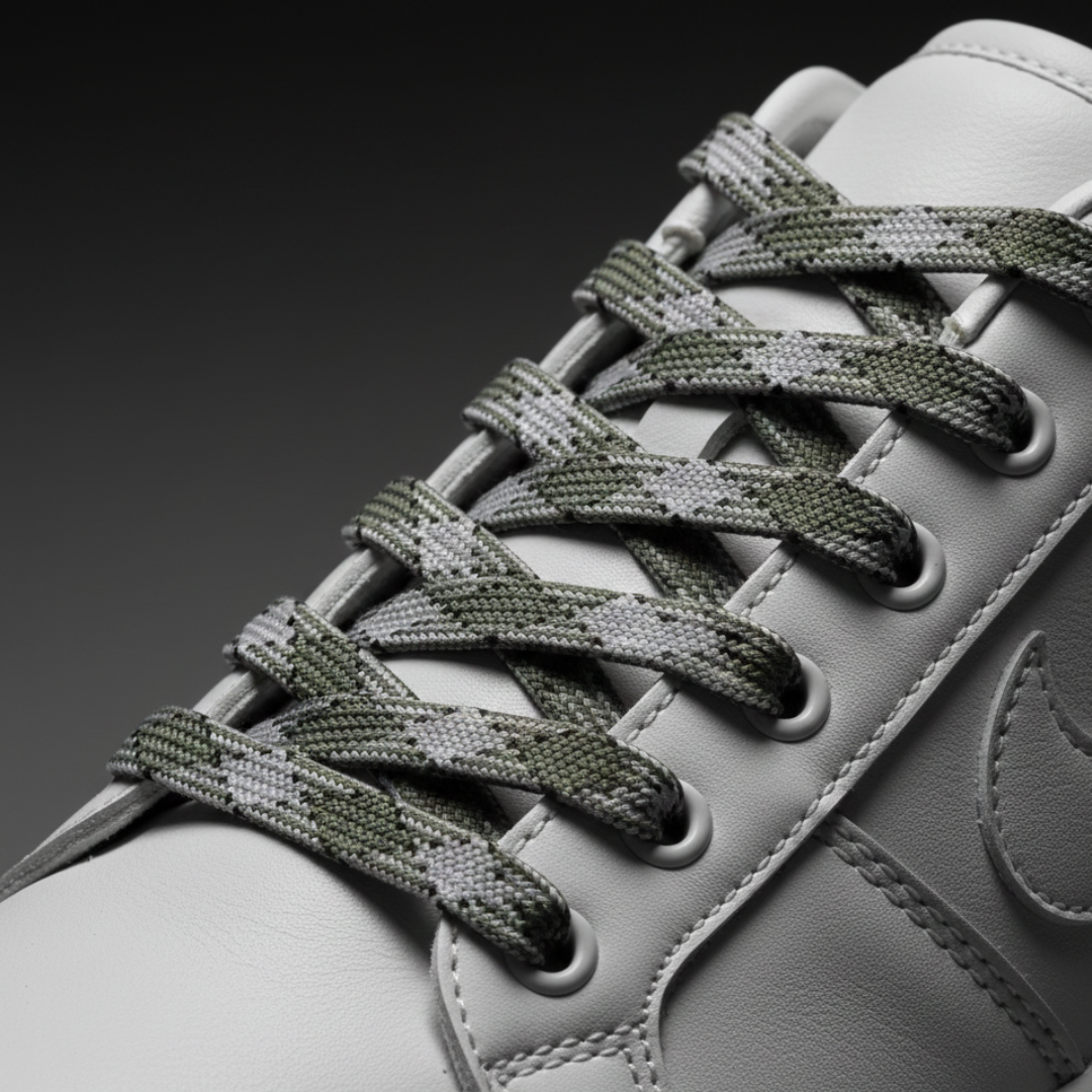 Ghost Diesel Flat Laces (Olive & Light Grey Plaid) – Premium Patterned Sneaker Laces with Metal Tips by KNOTTY