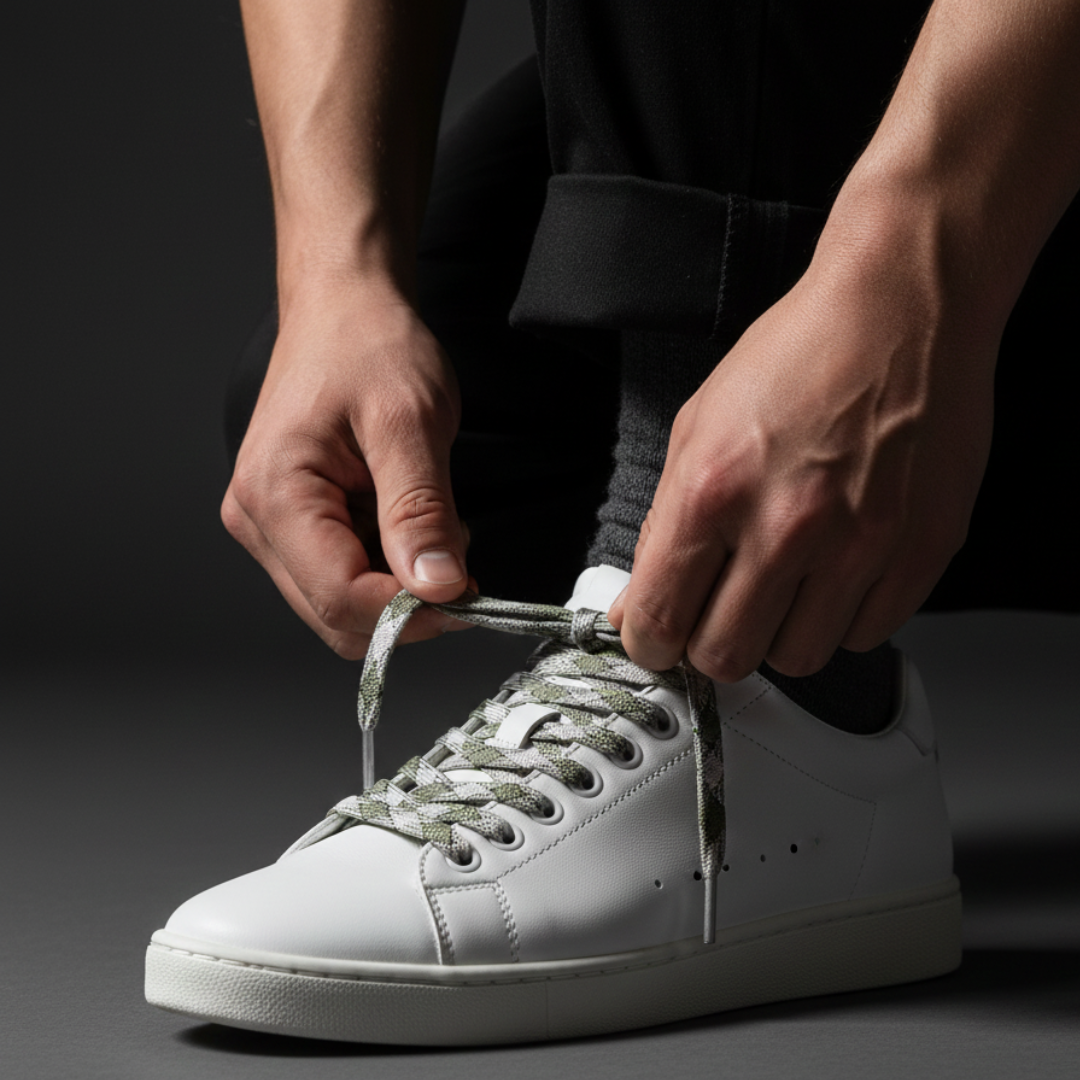 Ghost Diesel Flat Laces (Olive & Light Grey Plaid) – Premium Patterned Sneaker Laces with Metal Tips by KNOTTY