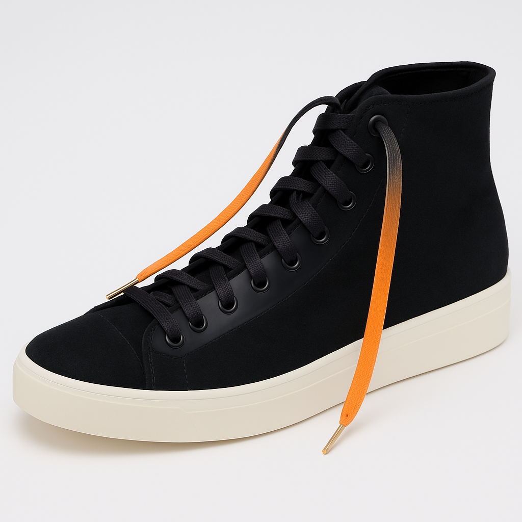 Black high tops worn with  Gradient Shoelaces that go from deep black to vibrant orange shown in a white background 